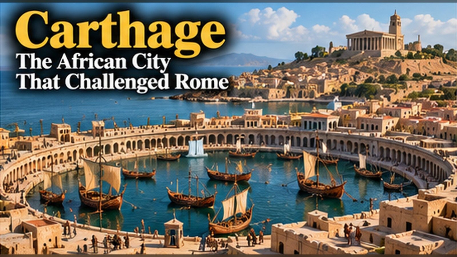 Illustration of ancient Carthage with its circular harbour of ship sheds and oared ships