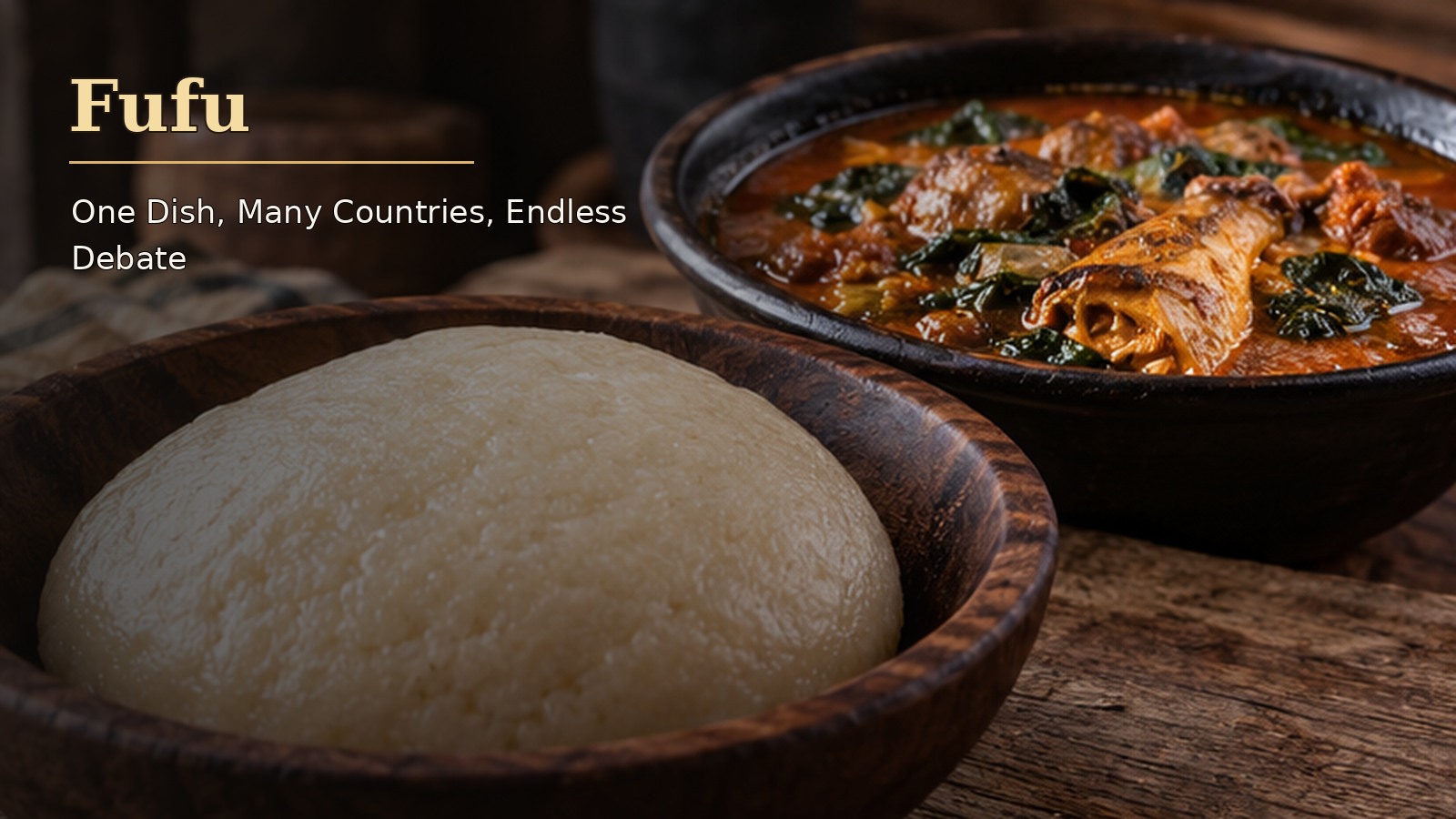 Illustration of a smooth ball of fufu in a wooden bowl beside a bowl of light soup with meat and greens
