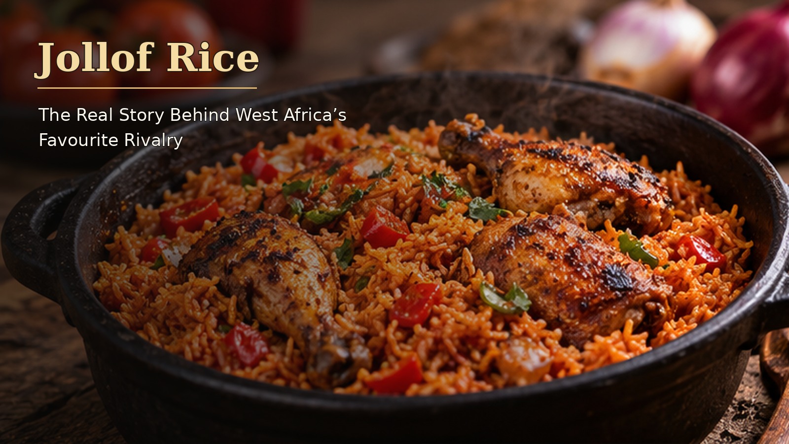 Illustration of a pot of jollof rice with grilled chicken pieces and peppers