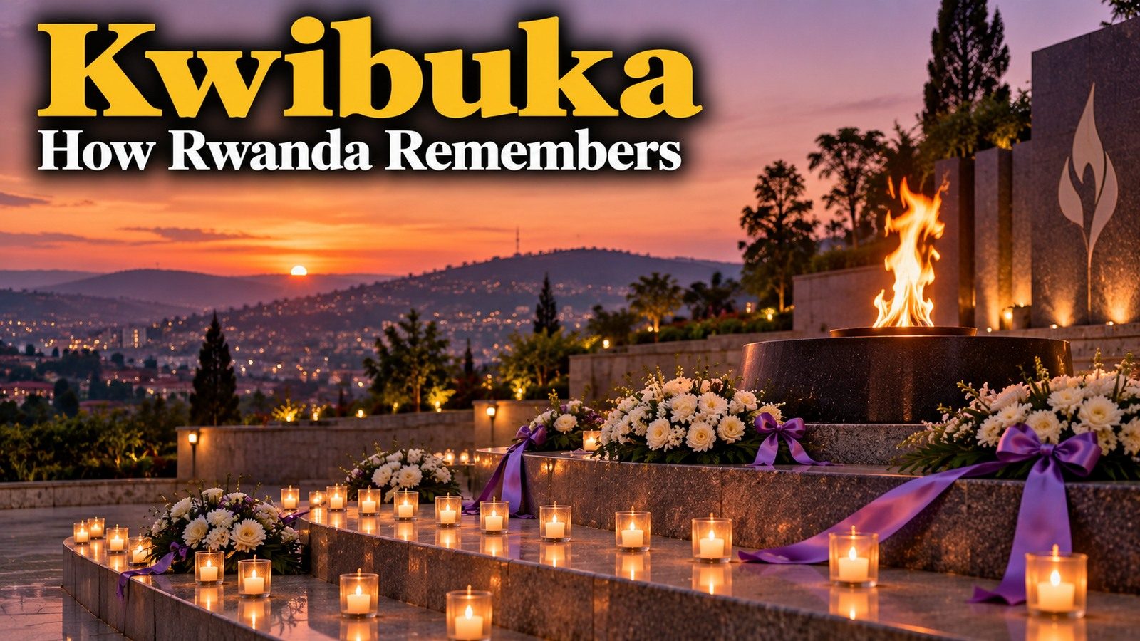 Illustration of a flame of remembrance with candles, white flowers and purple ribbons overlooking Kigali at dusk