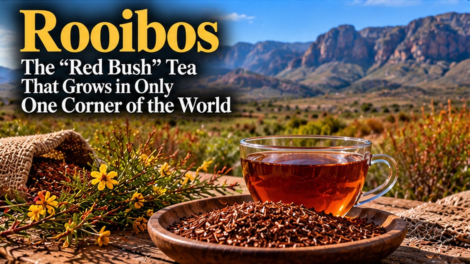 Illustration of a glass cup of red rooibos tea and dried leaves with the Cederberg mountains behind