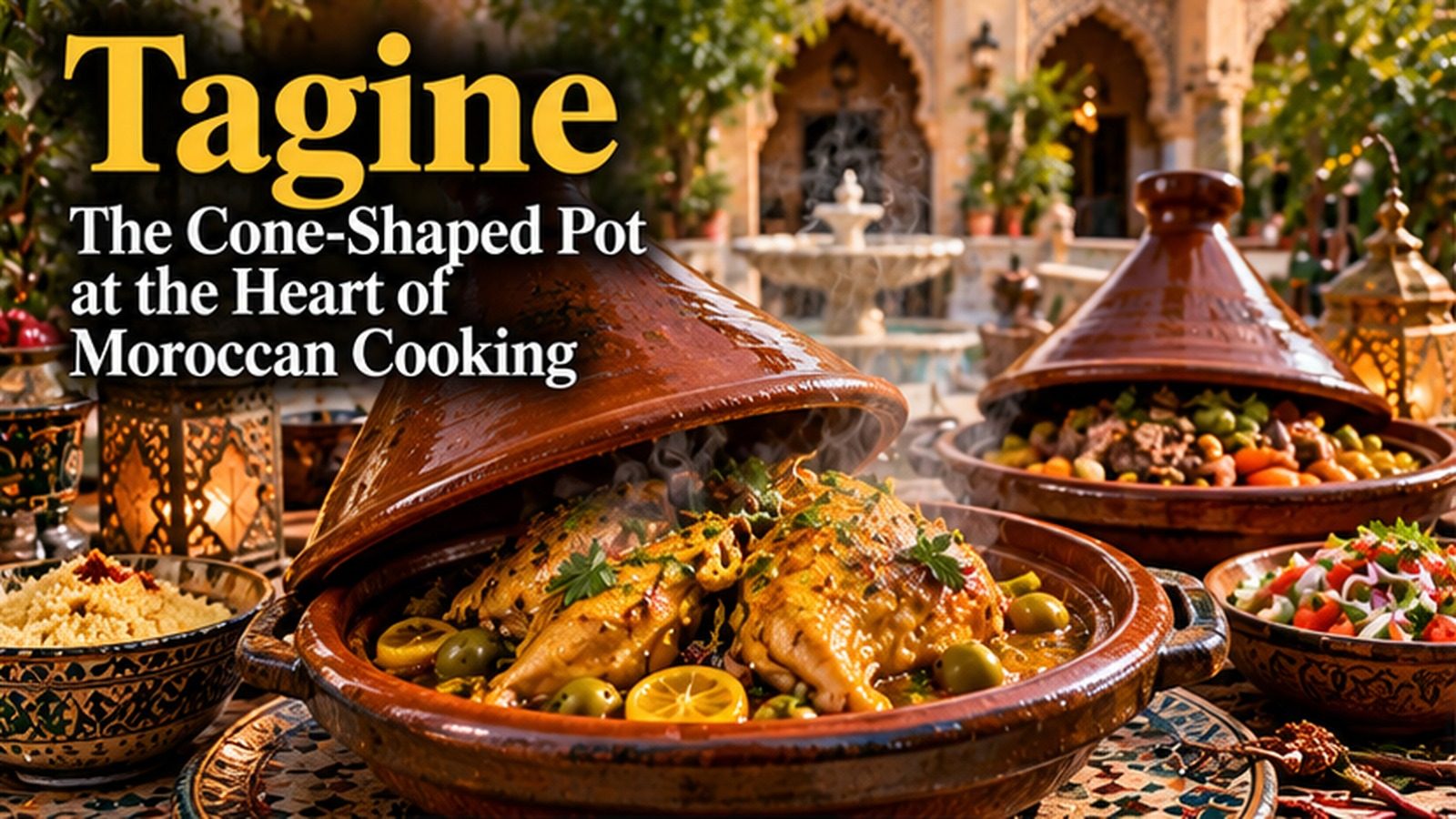 Illustration of a clay tagine of chicken with olives and lemon beside other dishes in a Moroccan courtyard